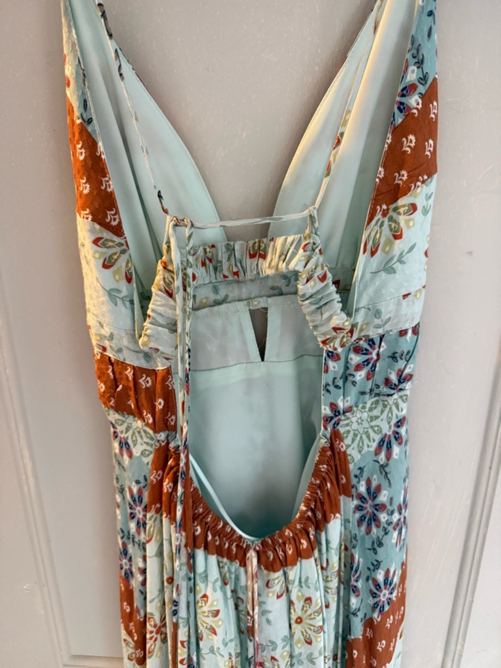 Bohemian V-Neck Maxi Dress in Light Blue and Rust - Picture 2 of 6